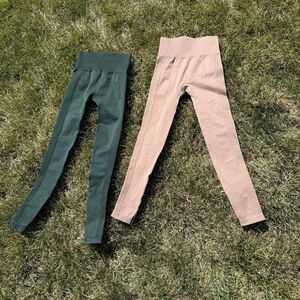 2 PACK YPB Dark Green & Tan Seamless Ribbed Leggings NWOT XXS